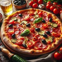 AI generated There is a pizza on top of the table, which is filled with tomatoes, salami, and olives photo