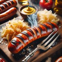 AI generated Hot Bavarian sausages with rosemary. Sausages on a fork sprinkled with rosemary. photo