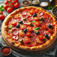 ai generado allí es un Pizza en parte superior de el mesa, cuales es lleno con Tomates, salami, y aceitunas foto