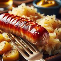 AI generated Hot Bavarian sausages with rosemary. Sausages on a fork sprinkled with rosemary. photo