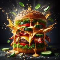 AI generated An exploding burger featuring fresh veggies and melted cheese, set against a black background. photo