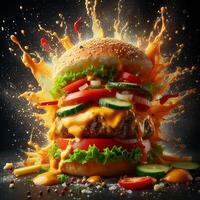 AI generated An exploding burger featuring fresh veggies and melted cheese, set against a black background. photo