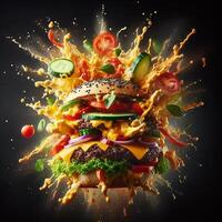 AI generated An exploding burger featuring fresh veggies and melted cheese, set against a black background. photo