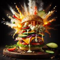 AI generated An exploding burger featuring fresh veggies and melted cheese, set against a black background. photo