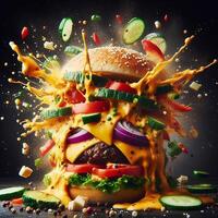 AI generated An exploding burger featuring fresh veggies and melted cheese, set against a black background. photo