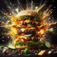 AI generated An exploding burger featuring fresh veggies and melted cheese, set against a black background. photo