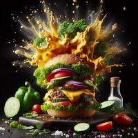 AI generated An exploding burger featuring fresh veggies and melted cheese, set against a black background. photo