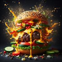 AI generated An exploding burger featuring fresh veggies and melted cheese, set against a black background. photo