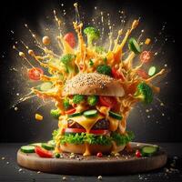 AI generated An exploding burger featuring fresh veggies and melted cheese, set against a black background. photo