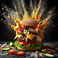 AI generated An exploding burger featuring fresh veggies and melted cheese, set against a black background. photo