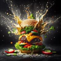 AI generated An exploding burger featuring fresh veggies and melted cheese, set against a black background. photo