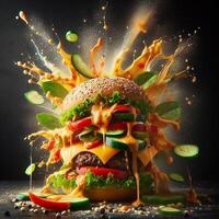 AI generated An exploding burger featuring fresh veggies and melted cheese, set against a black background. photo