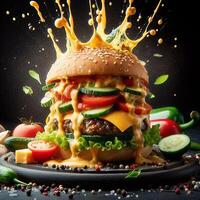 AI generated An exploding burger featuring fresh veggies and melted cheese, set against a black background. photo