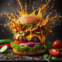 AI generated An exploding burger featuring fresh veggies and melted cheese, set against a black background. photo