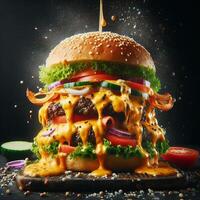 AI generated An exploding burger featuring fresh veggies and melted cheese, set against a black background. photo