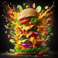 AI generated An exploding burger featuring fresh veggies and melted cheese, set against a black background. photo