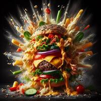 AI generated An exploding burger featuring fresh veggies and melted cheese, set against a black background. photo