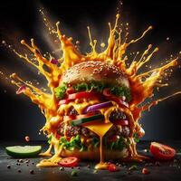 AI generated An exploding burger featuring fresh veggies and melted cheese, set against a black background. photo