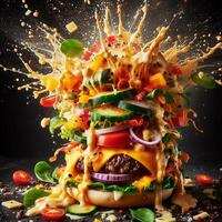 ai generado un explotando hamburguesa presentando Fresco verduras y Derretido queso, conjunto en contra un negro antecedentes. foto