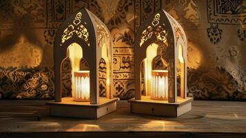 AI generated Islamic art of wooden tiki lantern gifts. photo