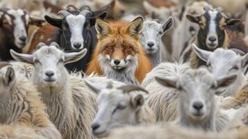 AI generated A fox among a crowd of goats, photo