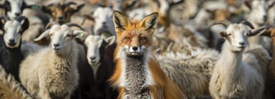 AI generated A fox among a crowd of goats, photo