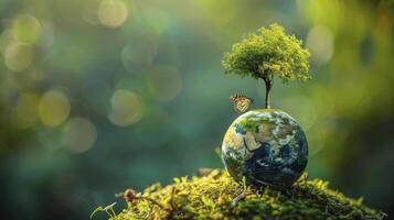 ai generado armonía de naturaleza, árbol floreciente en tierra superficie, en medio de lozano verde césped y mariposa. simbolizando mundo ecología, ambiente día, tierra día, y ambiental conservación. foto