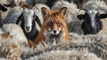 AI generated A fox among a crowd of goats, photo