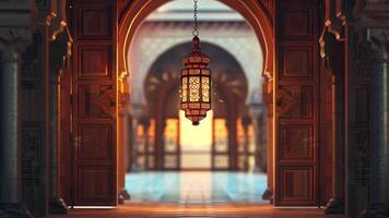 ai genererad en ramadan lykta hängande på en moské video