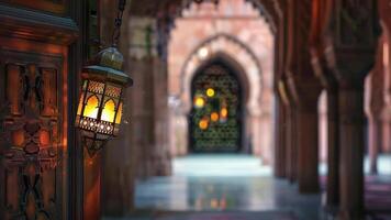 ai generiert ein Ramadan Laterne hängend auf ein Moschee video