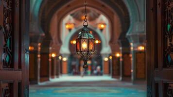 ai genererad en ramadan lykta hängande på en moské video