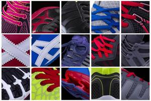 Collage of elements of sneakers. Lots of athletic shoe parts. Different texture of the upper from the sneaker. photo