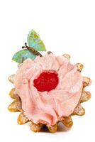 Cakes with protein cream decorated with a butterfly on a white plate. A beautiful sweet dessert. photo
