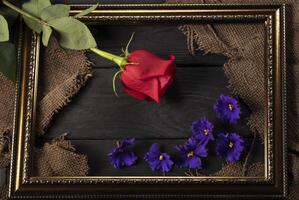 In a beautiful frame, pieces of canvas, a red rose and violets on a wooden background. Decor and decoration. photo