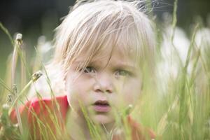 The face of a child in the green grass. Portrait of a kid in nature photo