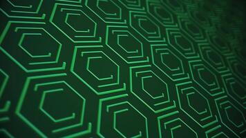 Circuit board styled background animation with digital data nodes streaming in repeating hexagonal shapes. This modern, green technology motion background is a seamless loop video