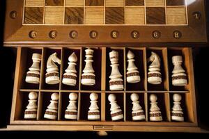 blanco ajedrez piezas son apilado en un caja. un rompecabezas juego con difícil combinaciones ese requiere planificación y pensamiento. foto