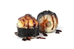 Sushi isolated on white background. Baked sushi with soy sauce. photo