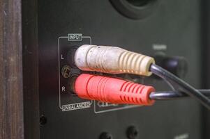 Input jack with RCA audio cable on the back of the speaker photo
