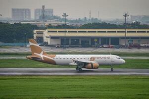 An Airbus A320-232 aircraft belonging to the Super Air Jet airline is taking off on the runway at Juanda International Airport, Surabaya in Sidoarjo during the rain, Indonesia, 6 January 2024 photo