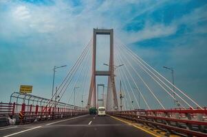 The middle span of the cable stayed bridge is called Suramadu Bridge, indonesia, 17 November 2023. photo