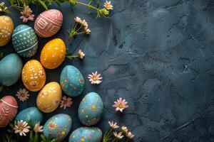 AI generated Decorative Easter eggs with floral patterns on a dark slate background, accented with fresh daisies and greenery photo