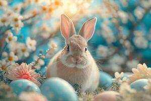 ai generado un amable conejito anidado entre pastel Pascua de Resurrección huevos y floreciente flores debajo un suave, soñador ligero foto