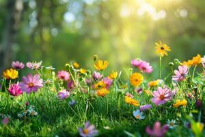 AI generated Lush floral scenes showcasing a variety of blossoms in soft, radiant light with a bokeh background photo