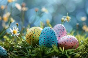 ai generado vistoso Pascua de Resurrección huevos decorado con patrones descansando en vibrante primavera césped en medio de flores silvestres, bañado en luz de sol foto