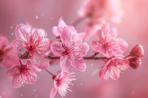 AI generated Lush floral scenes showcasing a variety of blossoms in soft, radiant light with a bokeh background photo