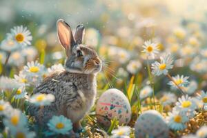 ai generado un amable conejito anidado entre pastel Pascua de Resurrección huevos y floreciente flores debajo un suave, soñador ligero foto