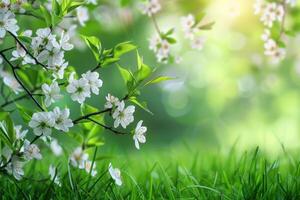 AI generated Lush floral scenes showcasing a variety of blossoms in soft, radiant light with a bokeh background photo