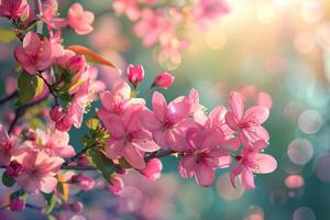 AI generated Lush floral scenes showcasing a variety of blossoms in soft, radiant light with a bokeh background photo