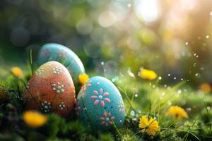 ai generado vistoso Pascua de Resurrección huevos decorado con patrones descansando en vibrante primavera césped en medio de flores silvestres, bañado en luz de sol foto